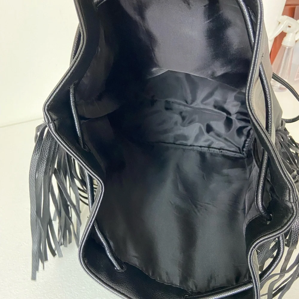 NEW Victoria’s Secret faux‎ leather black fringe tassel backpack purse bag